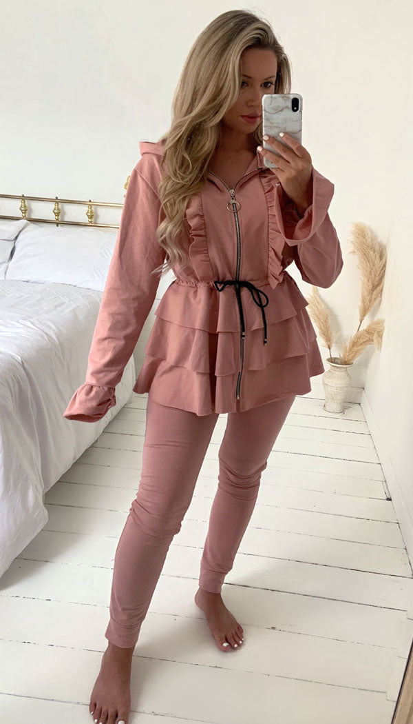 Zip Tied Peplum Two Piece Co-ord with Hoodie and Frill Sleeve