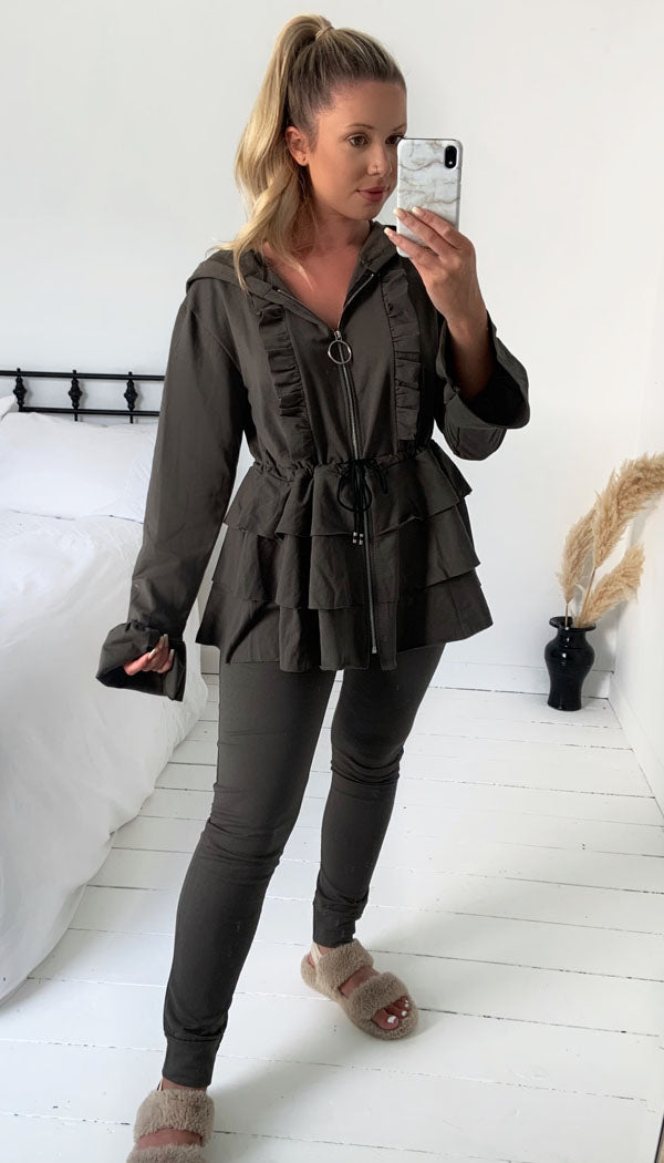 Zip Tied Peplum Two Piece Co-ord with Hoodie and Frill Sleeve